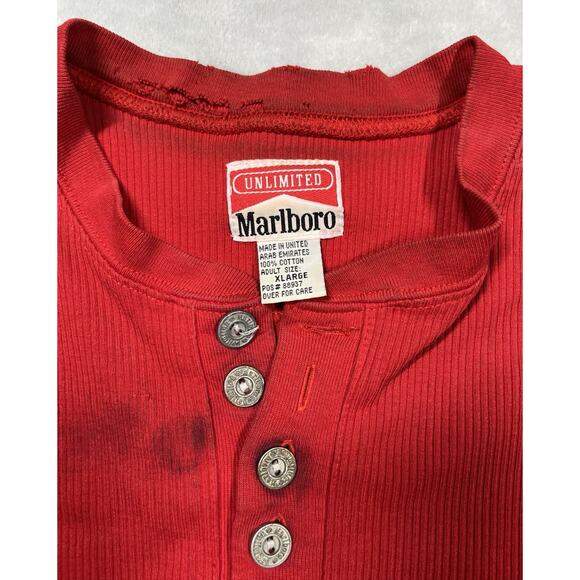 Vintage 90s Marlboro Red Henley Shirt Smoker Grunge Punk XL Cigarette Thrashed - Picture 5 of 16